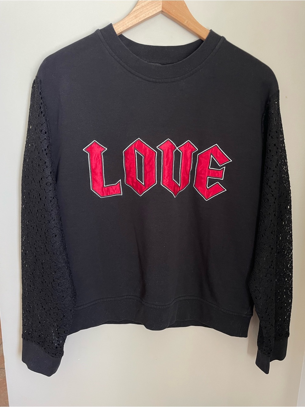Love Moschino Lace Sleeve Graphic Sweatshirt IT42 US6 Edgy Streetwear Rocker Chi